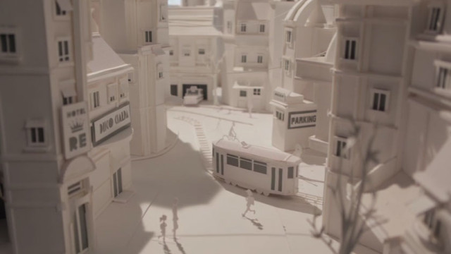紙で作られた白い街のストップモーションアニメーションなcm しちごろく